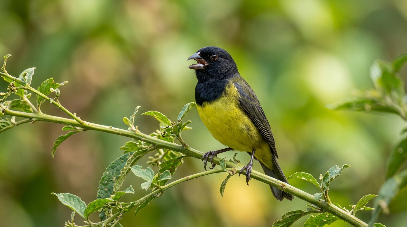 Pássaro Papa-capim (Sporophila nigricollis) cantando em um galho na natureza