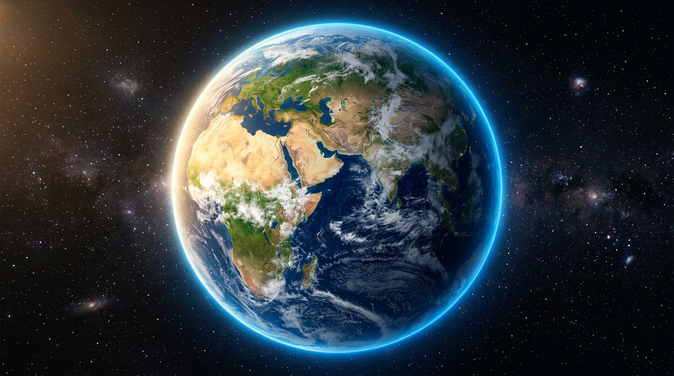 Planeta Terra visto do espaço com a luminosa camada de ozônio brilhando em azul ao redor da atmosfera, protegendo oceanos e florestas