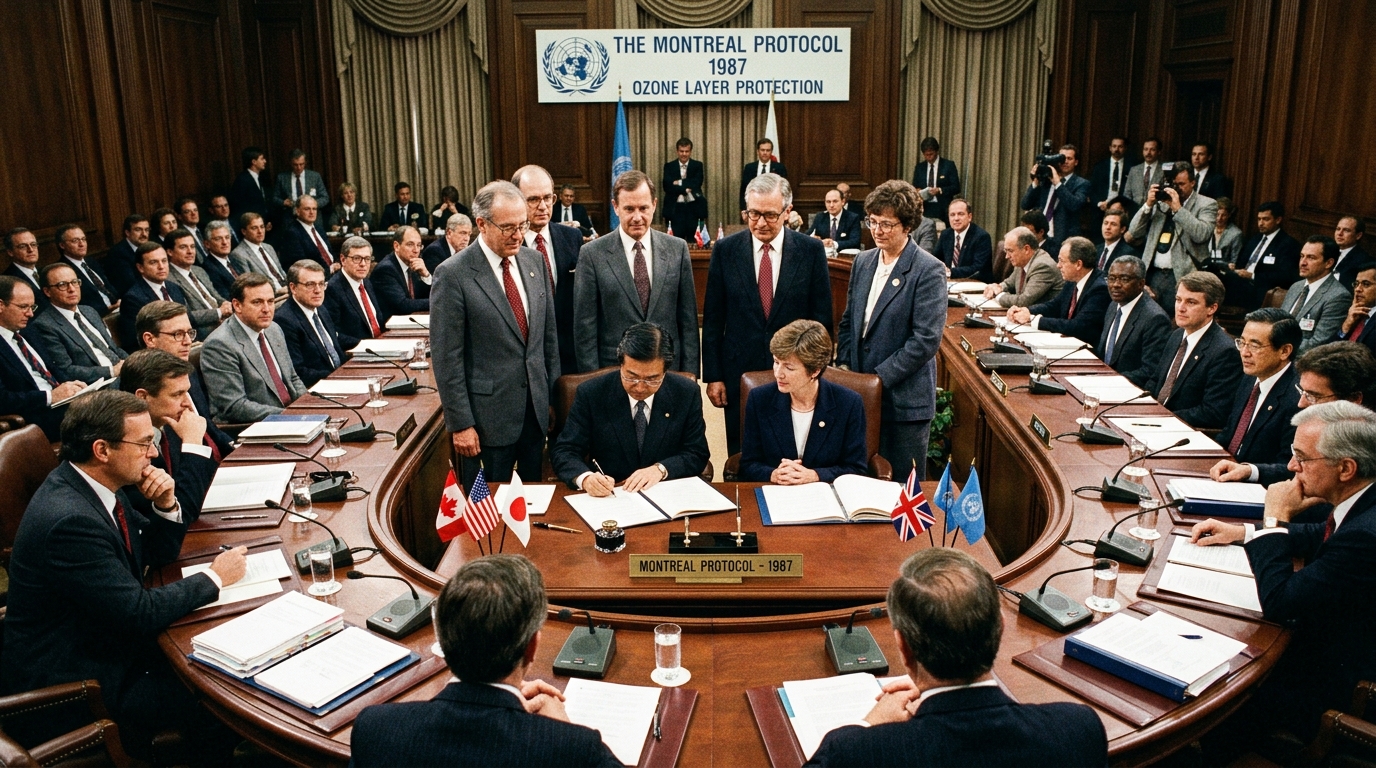 Representação editorial da cerimônia de assinatura do Protocolo de Montreal em 1987, com diplomatas internacionais reunidos ao redor de uma grande mesa de conferências