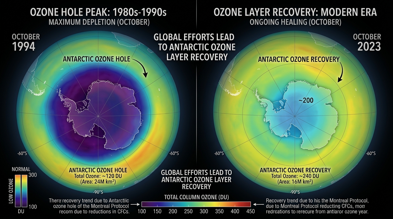 Visualização científica comparando o buraco na camada de ozônio nos anos 1990 com a recuperação observada na era moderna, mostrando dados coloridos por satélite
