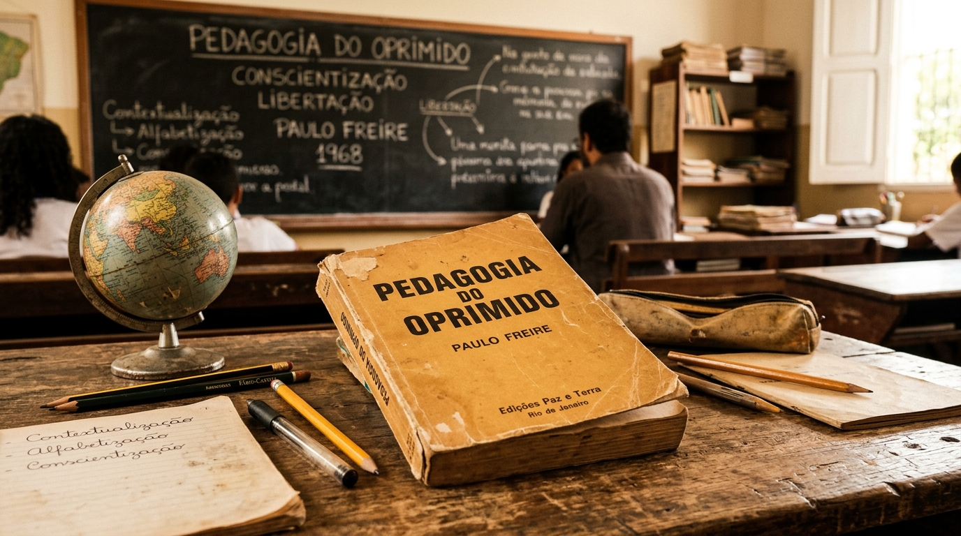 O livro Pedagogia do Oprimido de Paulo Freire sobre uma mesa de madeira rústica, ao lado de um globo e materiais escolares, com um quadro-negro ao fundo