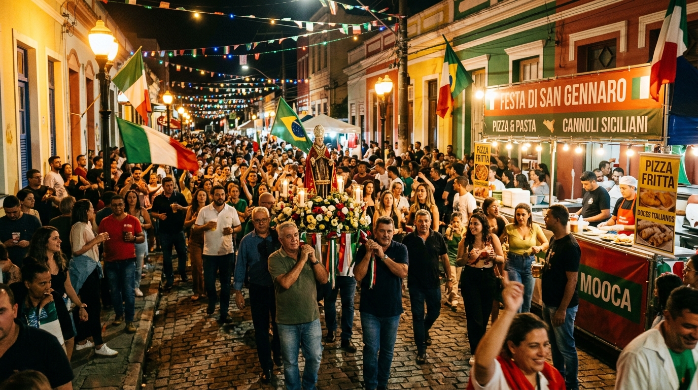Festa di San Gennaro no bairro da Mooca em São Paulo, com procissão da estátua do santo, bandeiras italianas, barracas de comida italiana e multidão celebrando