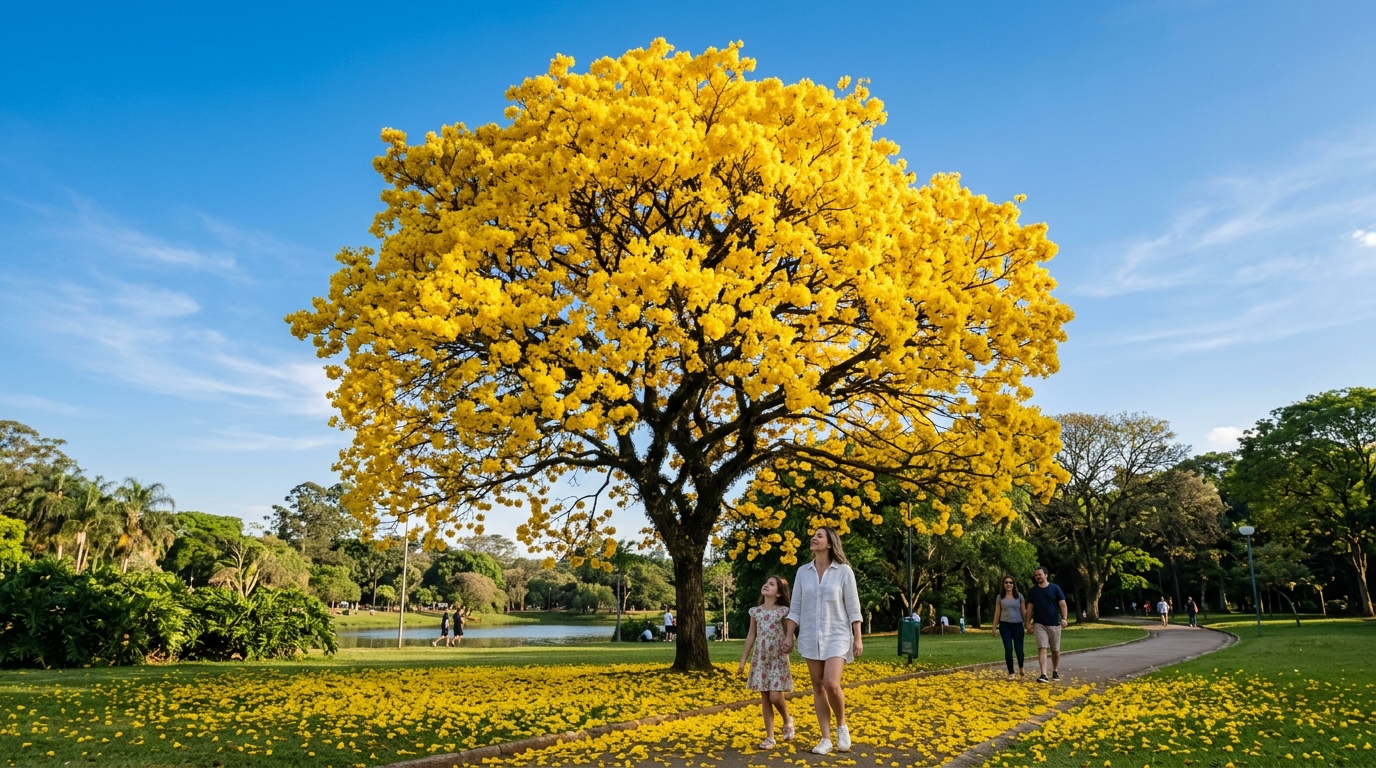 Majestoso ipê-amarelo em plena floração num parque brasileiro, com o chão coberto por pétalas douradas e céu azul ao fundo