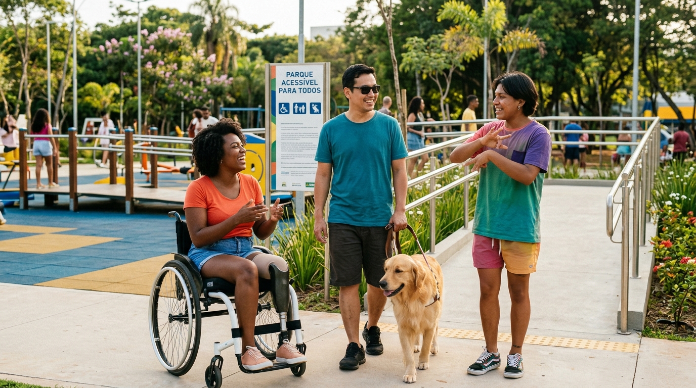 Pessoas diversas com diferentes deficiências convivendo em um parque acessível, incluindo cadeirante, pessoa com cão-guia e pessoa usando linguagem de sinais