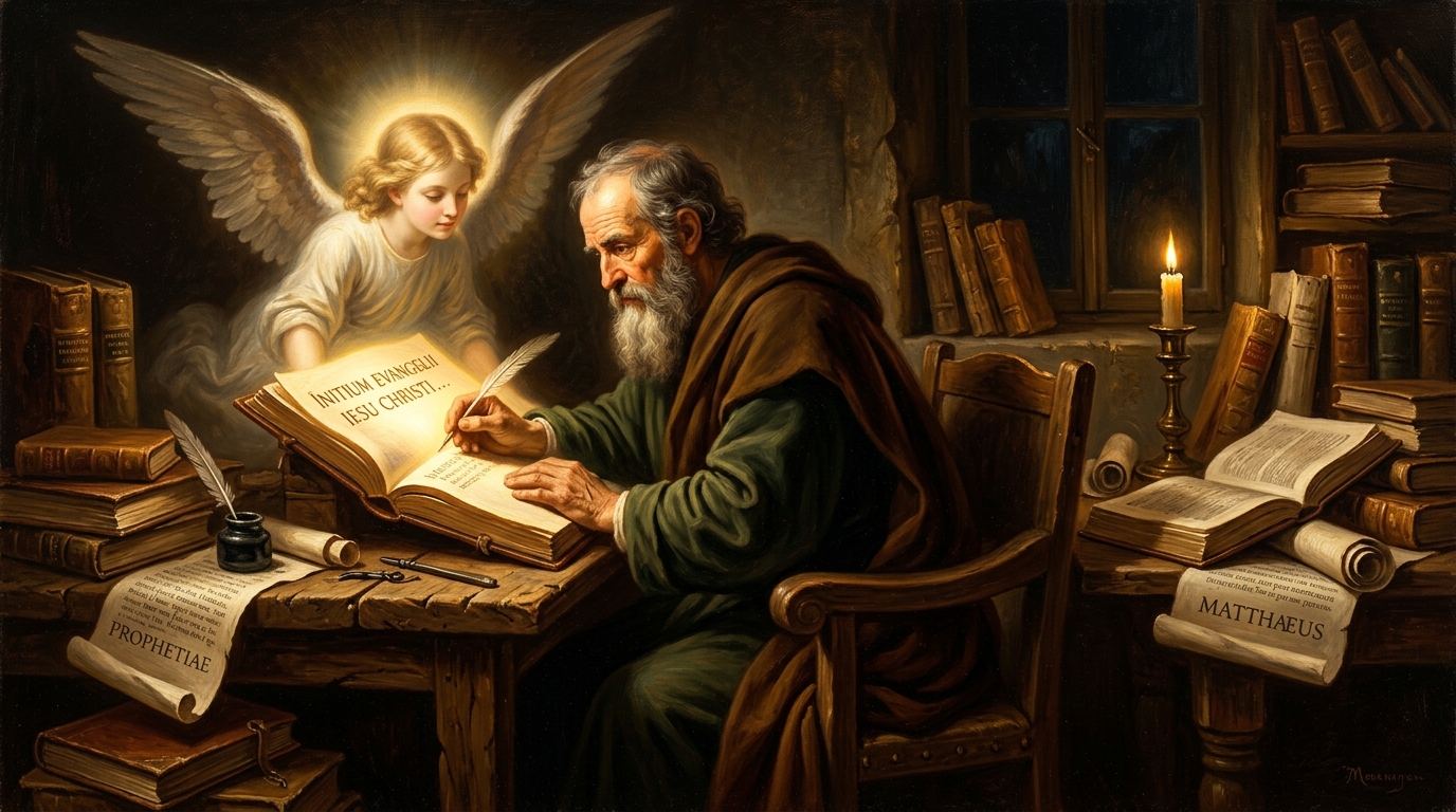 São Mateus Apóstolo e Evangelista escrevendo o Evangelho em estilo renascentista, com um anjo iluminando o manuscrito e livros antigos ao redor