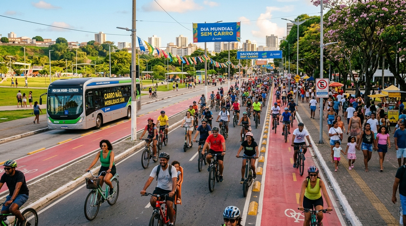 Avenida brasileira arborizada no Dia Mundial Sem Carro repleta de ciclistas, famílias caminhando sob árvores e transporte público elétrico