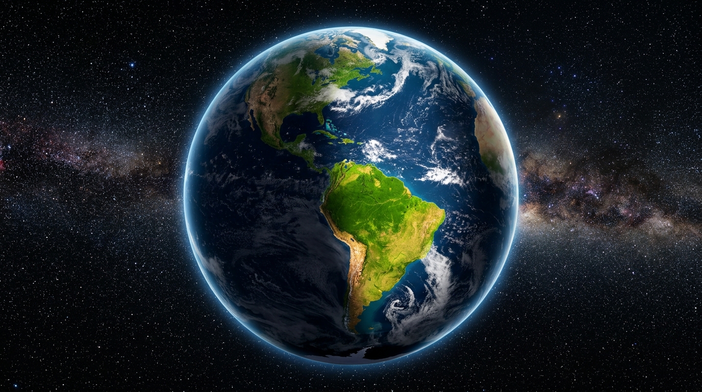 Planeta Terra visto do espaço durante o Equinócio de Primavera, com a linha dia e noite perfeitamente dividida e a América do Sul iluminada pelo sol primaveril