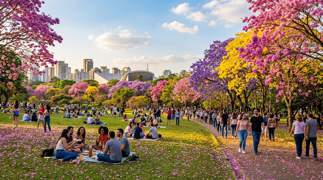 Parque brasileiro deslumbrante repleto de ipês rosa, amarelos e jacarandás em floração exuberante com pessoas desfrutando da natureza