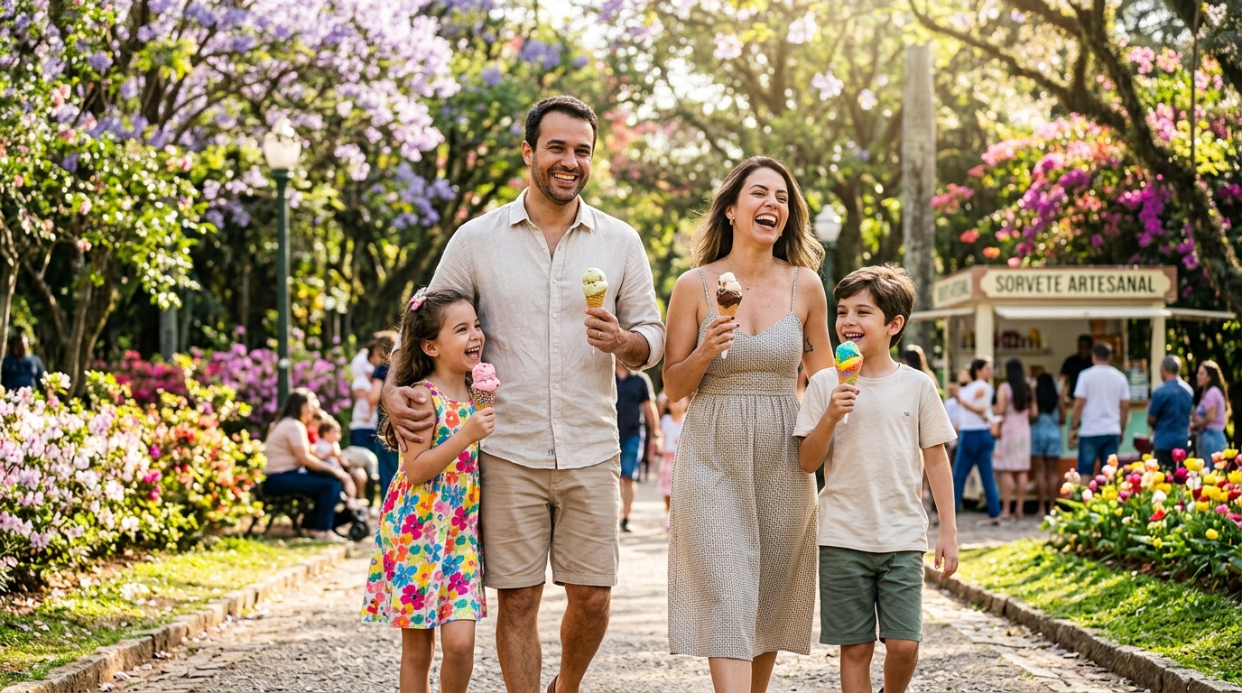 Família feliz com pai, mãe e filhos caminhando num parque ensolarado na primavera comendo sorvetes artesanais coloridos