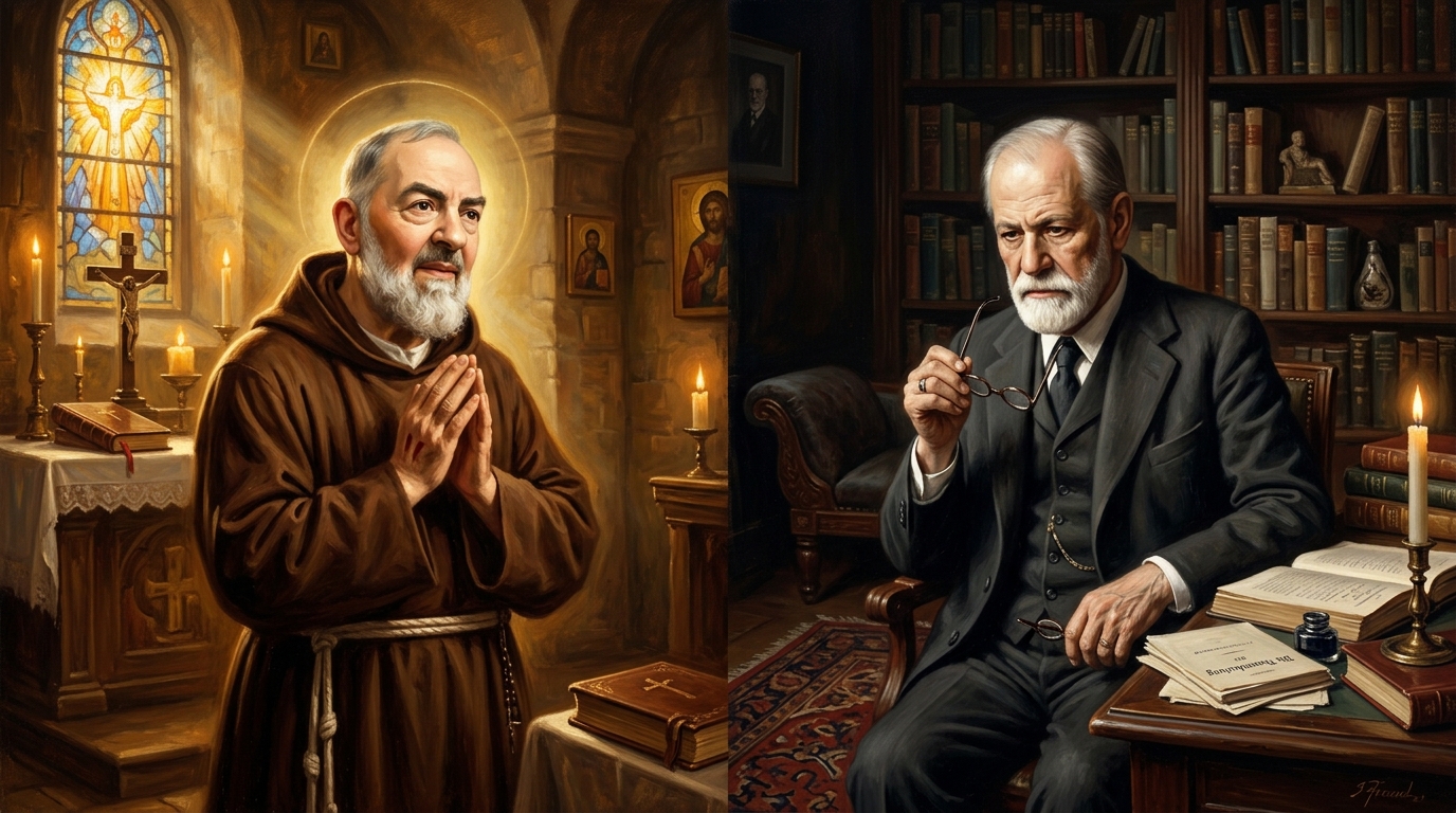 Composição artística contrastando São Padre Pio de Pietrelcina em oração com hábito franciscano e Sigmund Freud em seu consultório em Viena analisando a mente humana