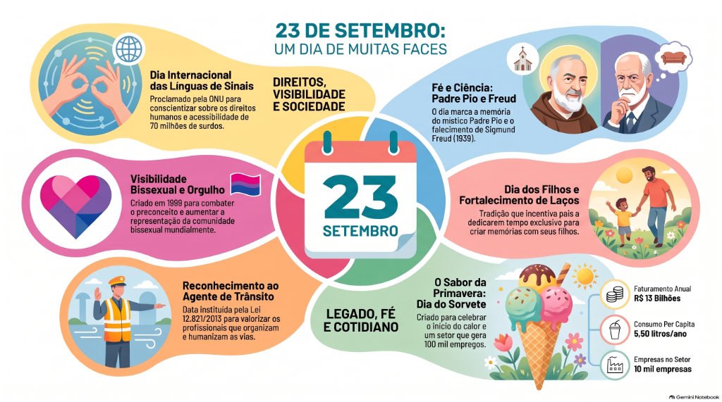 Infográfico ilustrado de 23 de Setembro: Um Dia de Muitas Faces, destacando Direitos, Visibilidade e Sociedade ao lado de Legado, Fé e Cotidiano
