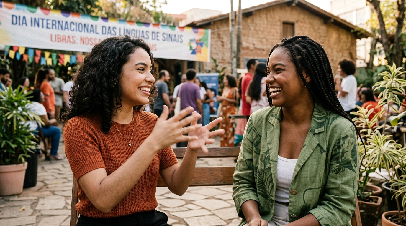 Duas jovens brasileiras comunicando-se alegremente em Língua Brasileira de Sinais (Libras) em praça ensolarada, com sorrisos e gestos expressivos