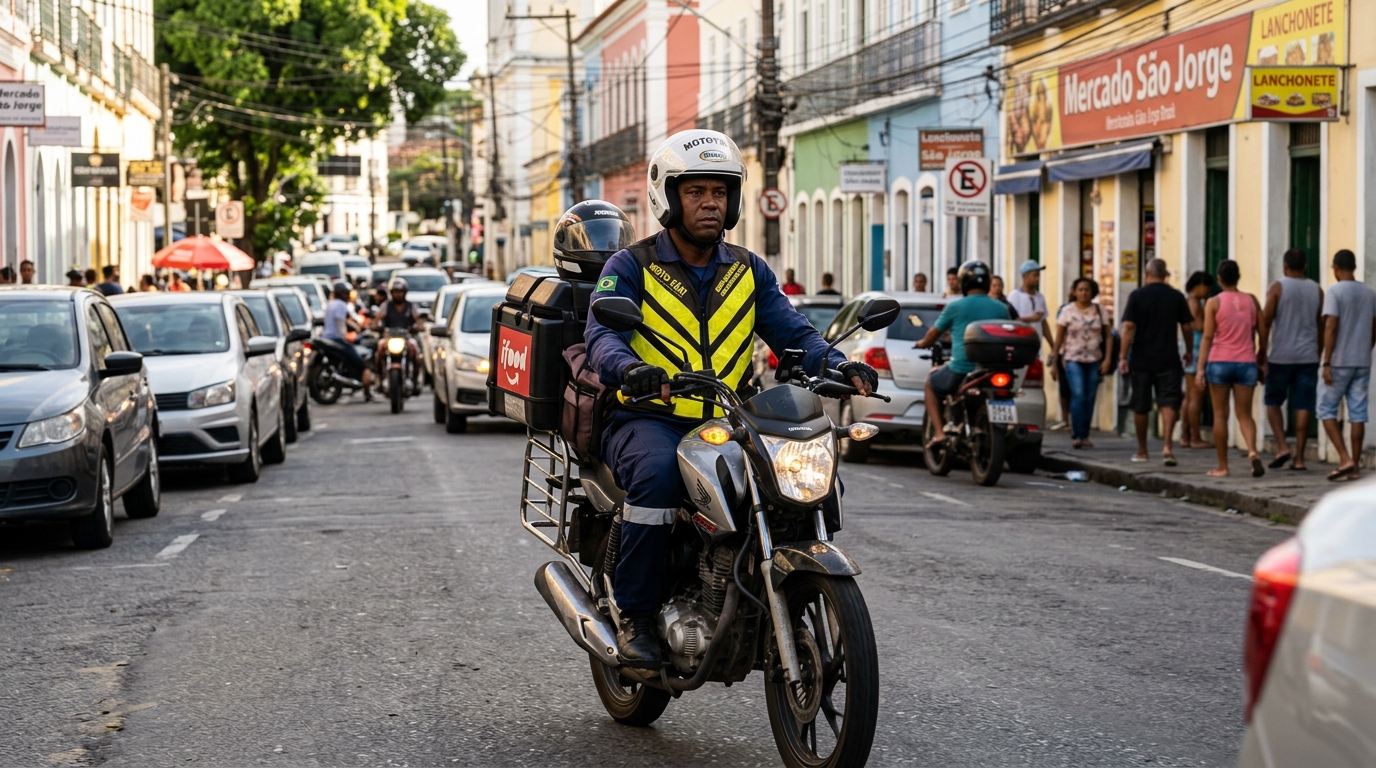Profissional mototaxista brasileiro em motocicleta com colete reflexivo e capacete em trânsito urbano