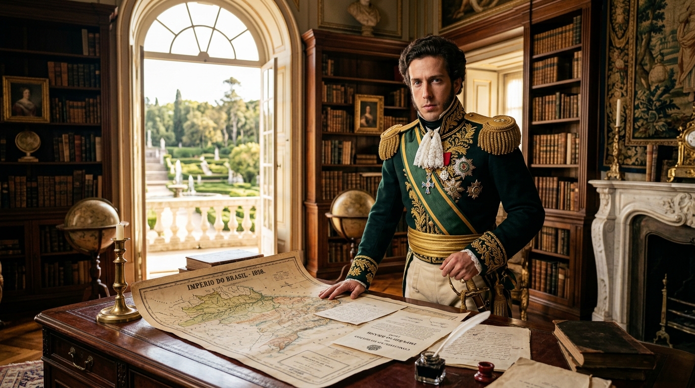 Retrato editorial histórico de Dom Pedro I com farda imperial de gala brasileira em seu gabinete no Palácio de Queluz, cercado por livros e documentos constitucionais