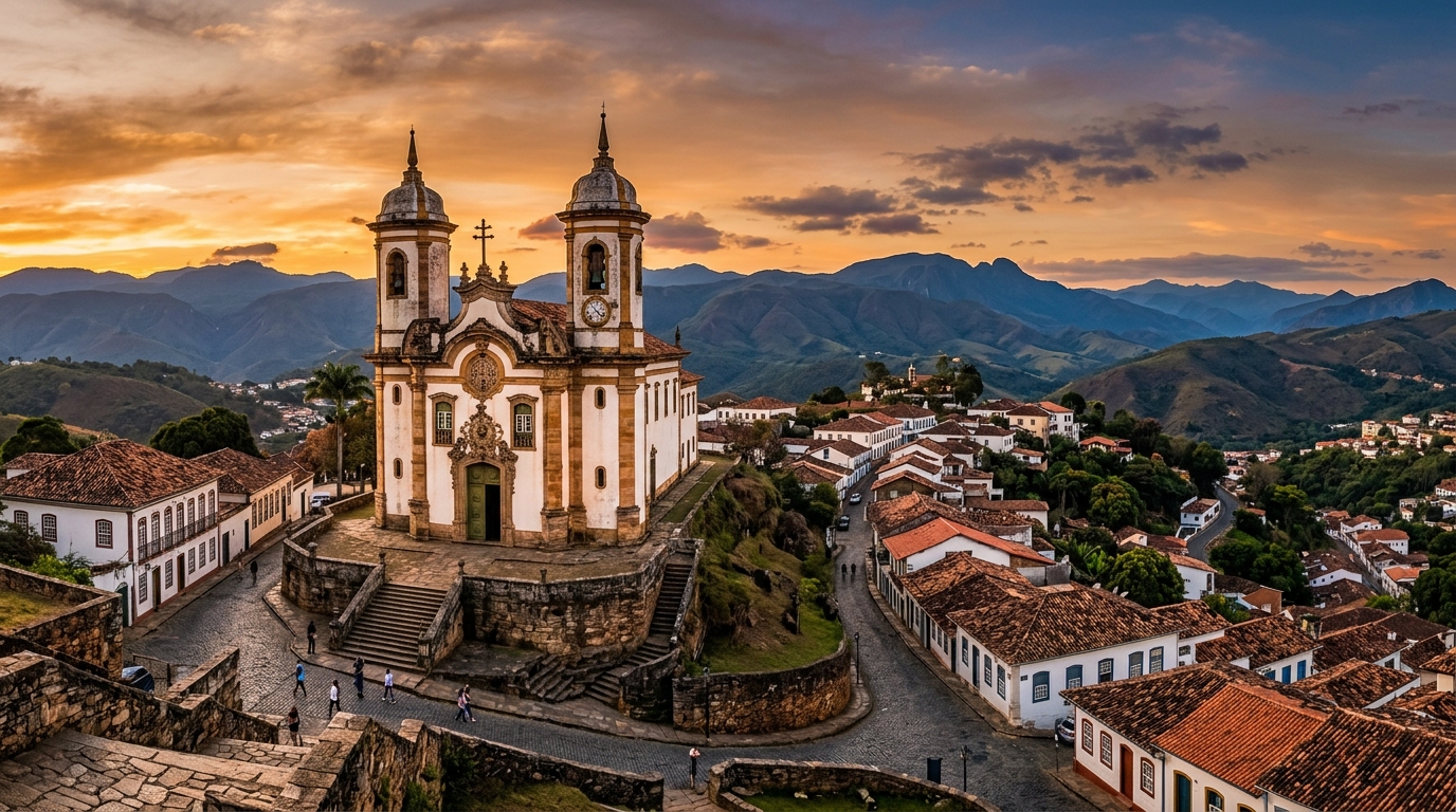 Igreja barroca de Nossa Senhora das Mercês e Perdões em Ouro Preto, Minas Gerais, no topo de uma colina com casario colonial e montanhas ao entardecer
