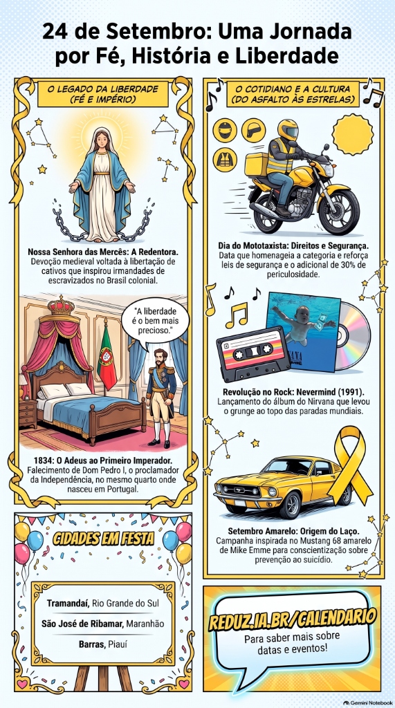 Infográfico ilustrado de 24 de Setembro: Uma Jornada por Fé, História e Liberdade, detalhando o Legado da Liberdade, o Cotidiano e Cultura e Cidades em Festa