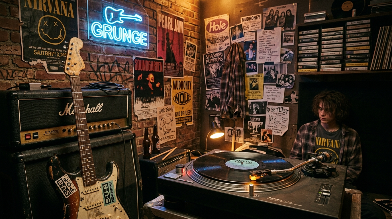 Cena editorial de estúdio com guitarra elétrica clássica dos anos 90, toca-discos de vinil girando e pôsteres de bandas de rock grunge na parede de tijolos