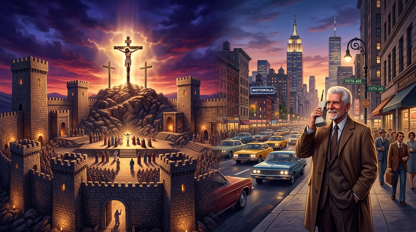 Ilustração de 03 de Abril de 2026: Muralhas de Nova Jerusalém com a Cruz no Calvário e Martin Cooper com o 1º celular em 03 de Abril de 2026