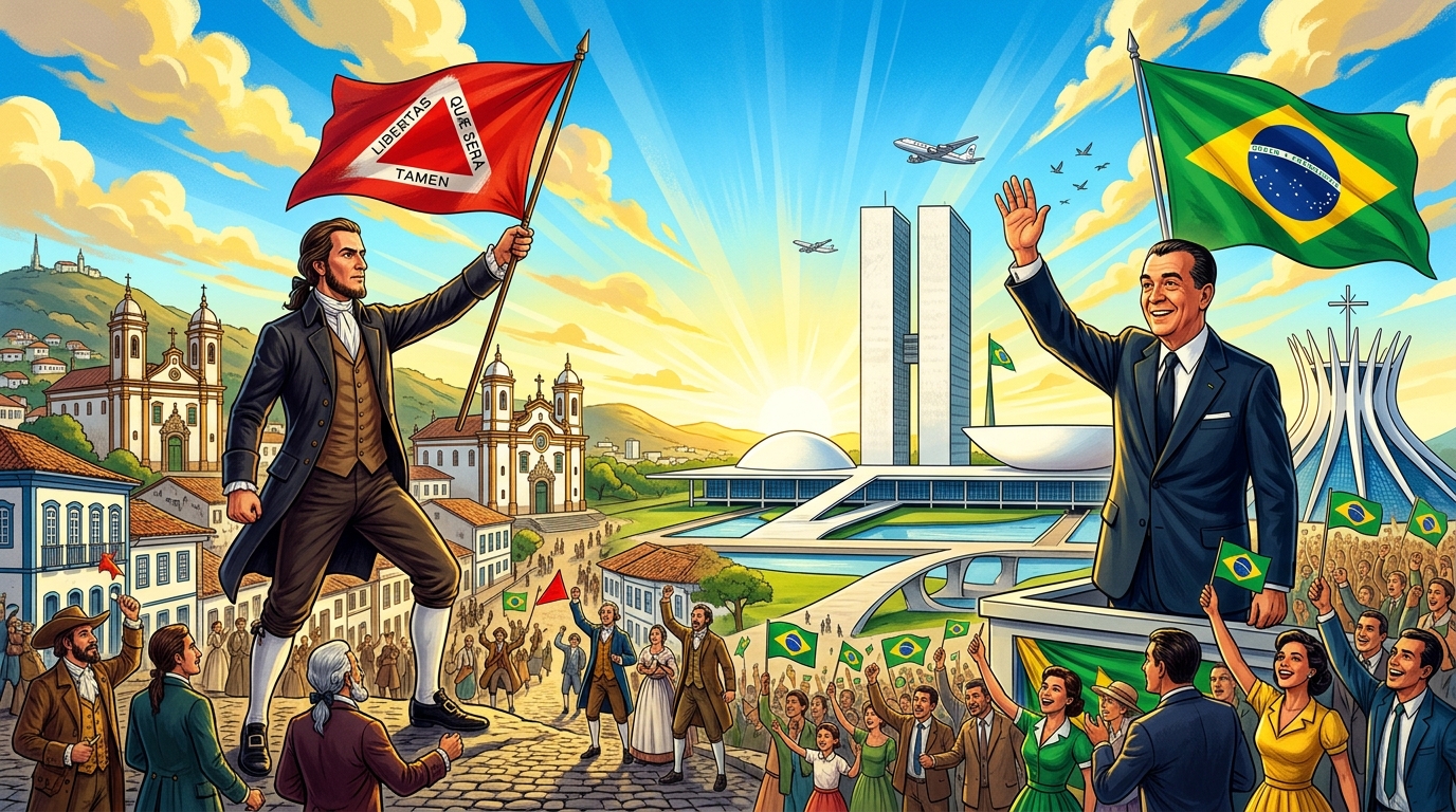 Ilustração de 21 de Abril de 2026: Tiradentes em Ouro Preto e JK na inauguração de Brasília com a Catedral e Congresso em 21 de Abril de 2026