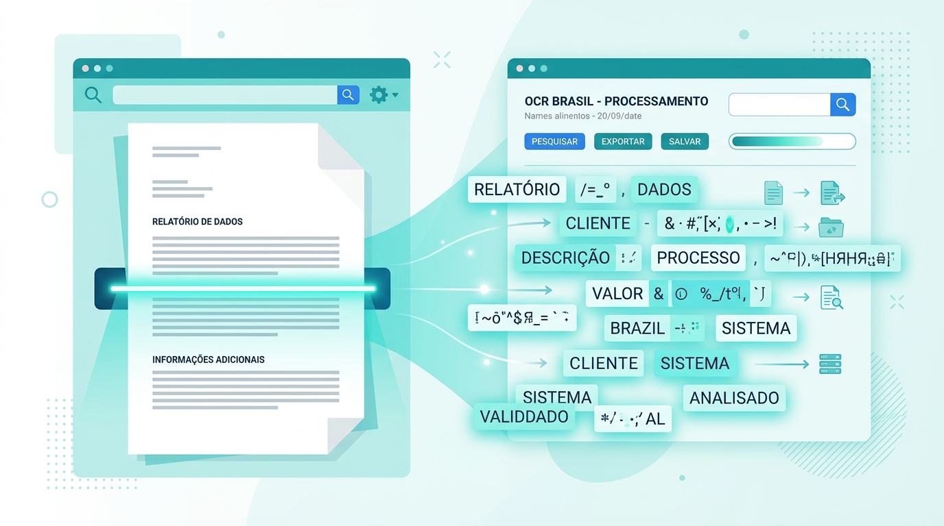 Ilustração mostrando o processo de conversão OCR: documento digitalizado sendo transformado em texto pesquisável