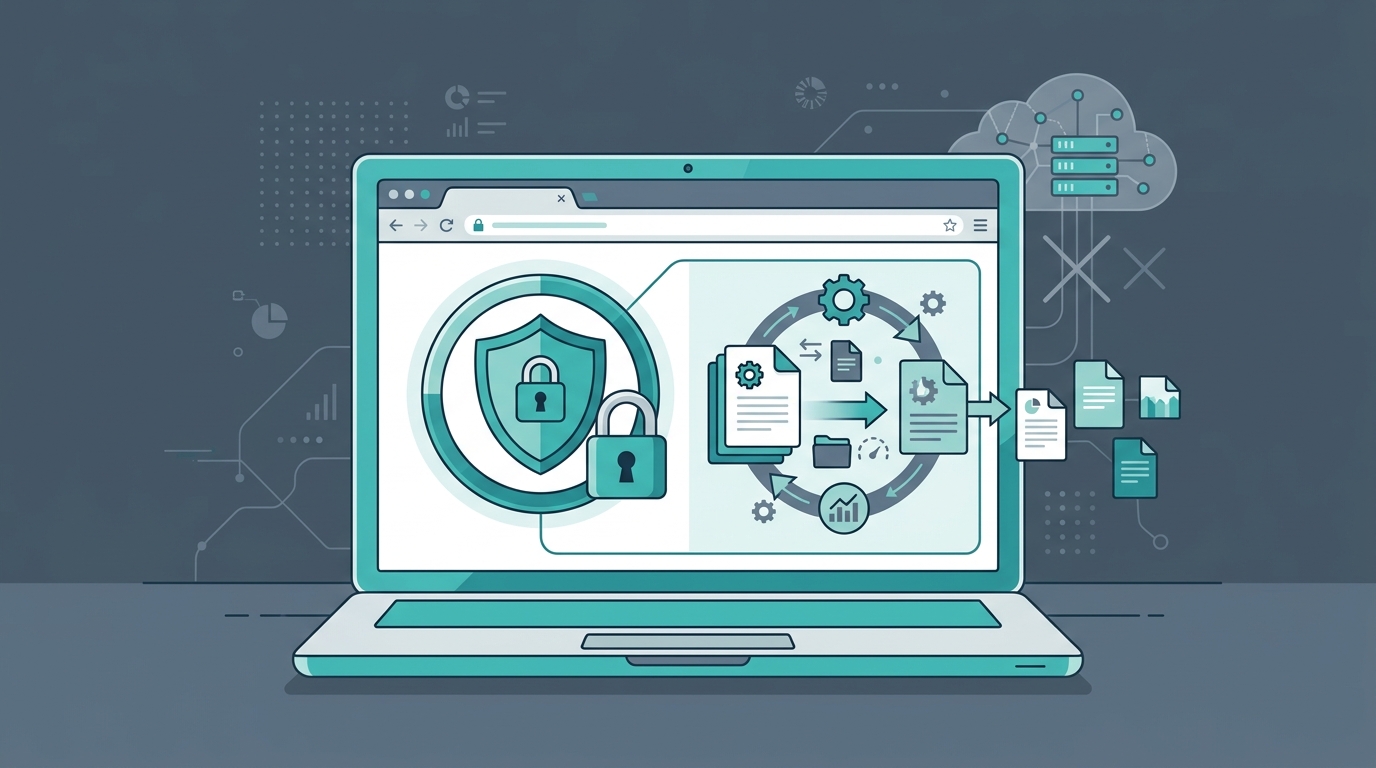 Ilustração de processamento local de dados com escudo de privacidade no navegador